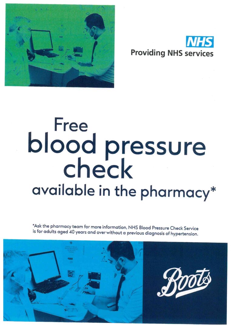 free blood pressure check available in the pharmacy. *Ask the pharmacy team for more information, NHS Blood Pressure Check Service is for adults aged 40 years and over without a previous diagnosis of hypertension.